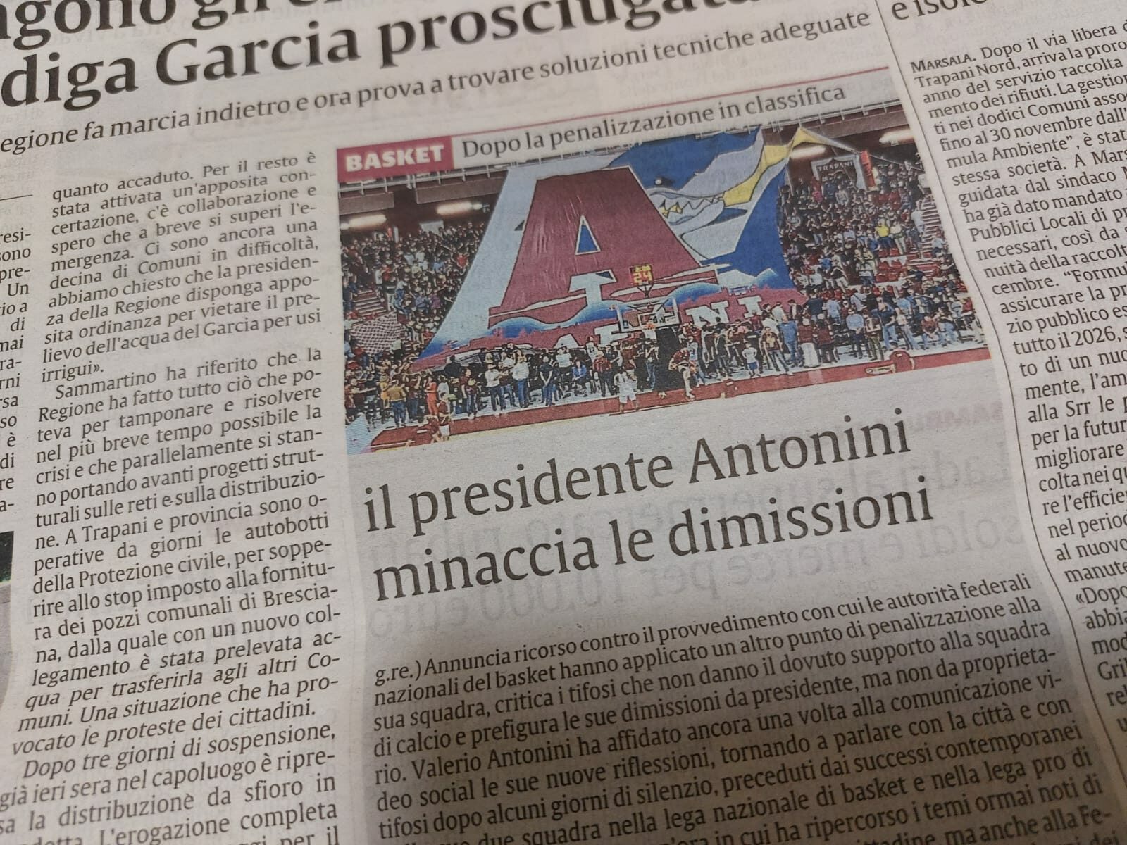 L'edizione odierna de La Sicilia dedica ampio spazio alle ultime dichiarazioni del presidente Antonini
